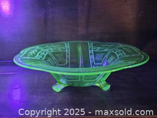 MaxSold Auction: Uranium glass w/ acid etched design. 3 footed Bowl. 12&#34; - East Bridgewater (Massachusetts, USA) SELLER MANAGED Estate Sale Online Auction - Bedford Street