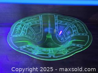MaxSold Auction: Uranium glass w/ acid etched design. 3 footed Bowl. 12&#34; - East Bridgewater (Massachusetts, USA) SELLER MANAGED Estate Sale Online Auction - Bedford Street