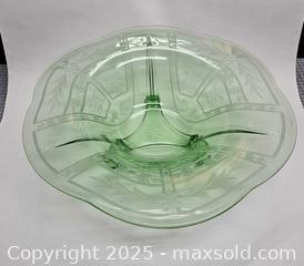 MaxSold Auction: Uranium glass w/ acid etched design. 3 footed Bowl. 12&#34; - East Bridgewater (Massachusetts, USA) SELLER MANAGED Estate Sale Online Auction - Bedford Street