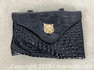 MaxSold Auction: Faux Crocodile Skin Black Clutch Purse with Gold Tiger Detail - Cobourg (Ontario, Canada) SELLER MANAGED Downsizing Online Auction - Burnham Street