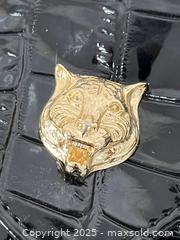 MaxSold Auction: Faux Crocodile Skin Black Clutch Purse with Gold Tiger Detail - Cobourg (Ontario, Canada) SELLER MANAGED Downsizing Online Auction - Burnham Street