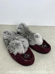 MaxSold Auction: SoftMoc Women&#39;s Burgundy Beaded Rabbit Fur Moccasin Slippers, Size US 10 ~ EU 41 - Cobourg (Ontario, Canada) SELLER MANAGED Downsizing Online Auction - Burnham Street