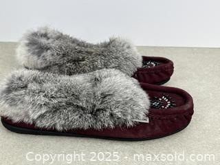 MaxSold Auction: SoftMoc Women&#39;s Burgundy Beaded Rabbit Fur Moccasin Slippers, Size US 10 ~ EU 41 - Cobourg (Ontario, Canada) SELLER MANAGED Downsizing Online Auction - Burnham Street