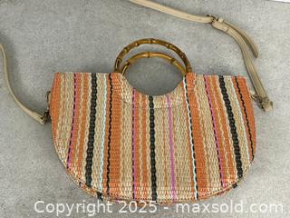MaxSold Auction: Woven Half-Moon Retro-Style Striped Handbag with Bamboo-Look Handles - Cobourg (Ontario, Canada) SELLER MANAGED Downsizing Online Auction - Burnham Street