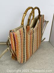 MaxSold Auction: Woven Half-Moon Retro-Style Striped Handbag with Bamboo-Look Handles - Cobourg (Ontario, Canada) SELLER MANAGED Downsizing Online Auction - Burnham Street