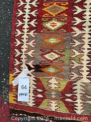 MaxSold Auction: Handwoven Kilim Runner Rug 140 x 60 Red Geometric Tribal - Commerce (California, USA) PARTNER MANAGED Estate Sale Online Auction - Randolph Street (STORAGE)
