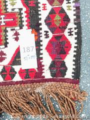 MaxSold Auction: Handwoven Wool Kilim Runner, 5' x 10', Geometric Tribal Design - Commerce (California, USA) PARTNER MANAGED Estate Sale Online Auction - Randolph Street (STORAGE)