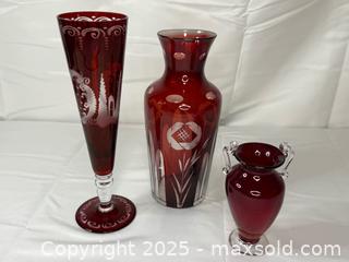 MaxSold Auction: Group of Egermann ruby red cut-to-clear glass vases - Menlo Park (California, USA) SELLER MANAGED Downsizing Online Auction - Henderson Place