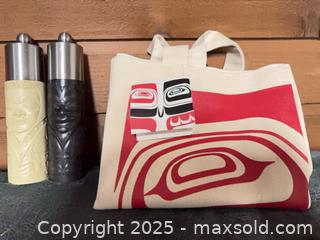 MaxSold Auction: Salt and pepper shaker as well as brand new bag- Indigenous design  - Shawnigan Lake (British Columbia, Canada) SELLER MANAGED Estate Sale Online Auction -  Widows Walk                    