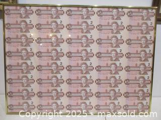 MaxSold Auction: Royal Canadian Mint Framed Uncut Complete 1986 Two Dollar Bill Sheet. - Toronto (Ontario, Canada) SELLER MANAGED Reseller Online Auction - Annette Street