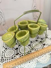 MaxSold Auction: Retro Avocado Ceramic Egg Cup & Condiment Set with Rack JAPAN - Gull Lake (Alberta, Canada) SELLER MANAGED Reseller Online Auction -  Stuart Avenue
