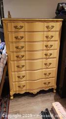 MaxSold Auction: French Provincial 7-Drawer Tall Chest Highboy Dresser, Mustard - Vaughan (Ontario, Canada) SELLER MANAGED Estate Sale Online Auction - Mill Arbour Lane
