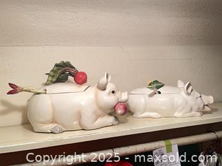 MaxSold Auction: Fitz and Floyd &#34;French Market&#34; pig Tureen w/ an asparagus-form ladle; Vintage ceramic pig-form soup Tureen   - New Westminster (British Columbia, Canada) SELLER MANAGED Estate Sale Online Auction - Sixth Avenue