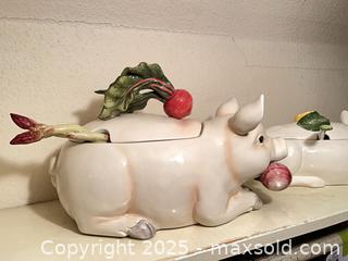 MaxSold Auction: Fitz and Floyd &#34;French Market&#34; pig Tureen w/ an asparagus-form ladle; Vintage ceramic pig-form soup Tureen   - New Westminster (British Columbia, Canada) SELLER MANAGED Estate Sale Online Auction - Sixth Avenue