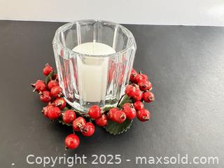 MaxSold Auction: Glass Votive Candle Holder with Faux Berry Wreath - London (Ontario, Canada) SELLER MANAGED Downsizing Online Auction - Charlotte Street