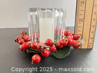 MaxSold Auction: Glass Votive Candle Holder with Faux Berry Wreath - London (Ontario, Canada) SELLER MANAGED Downsizing Online Auction - Charlotte Street