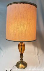 MaxSold Auction: Vintage Amber Glass and Brass Table Lamp with Fabric Shade - London (Ontario, Canada) SELLER MANAGED Downsizing Online Auction - Charlotte Street