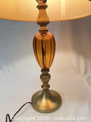 MaxSold Auction: Vintage Amber Glass and Brass Table Lamp with Fabric Shade - London (Ontario, Canada) SELLER MANAGED Downsizing Online Auction - Charlotte Street