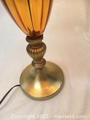 MaxSold Auction: Vintage Amber Glass and Brass Table Lamp with Fabric Shade - London (Ontario, Canada) SELLER MANAGED Downsizing Online Auction - Charlotte Street