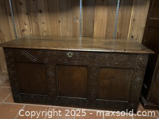 MaxSold Auction: Antique Hand-Carved Oak Coffer Chest (c. Early 19C)  - Victoria (British Columbia, Canada) SELLER MANAGED Moving Online Auction - Toronto Street