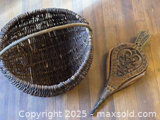 MaxSold Auction: Vintage Carved Oak and Brass Fire Bellows and Wicker Basket - Victoria (British Columbia, Canada) SELLER MANAGED Moving Online Auction - Toronto Street