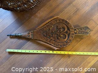 MaxSold Auction: Vintage Carved Oak and Brass Fire Bellows and Wicker Basket - Victoria (British Columbia, Canada) SELLER MANAGED Moving Online Auction - Toronto Street