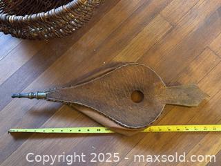 MaxSold Auction: Vintage Carved Oak and Brass Fire Bellows and Wicker Basket - Victoria (British Columbia, Canada) SELLER MANAGED Moving Online Auction - Toronto Street