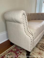 MaxSold Auction: Upholstered Bucket Loveseat in Light Linen-Like Fabric with Tufting. - Norfolk (Ontario, Canada) SELLER MANAGED Downsizing Online Auction - Van Norman Street