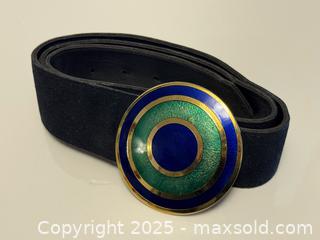 MaxSold Auction: Vintage de Passille Sylvestre 1970's Black Suede Belt with Blue + Green Enamel Buckle  - Toronto (Ontario, Canada) PARTNER MANAGED Estate Sale Online Auction - Dundas Street West (STORAGE)
