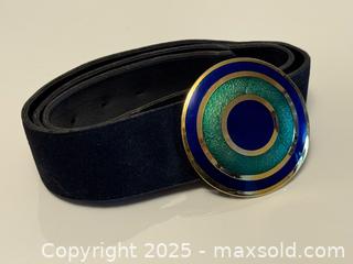 MaxSold Auction: Vintage de Passille Sylvestre 1970's Black Suede Belt with Blue + Green Enamel Buckle  - Toronto (Ontario, Canada) PARTNER MANAGED Estate Sale Online Auction - Dundas Street West (STORAGE)