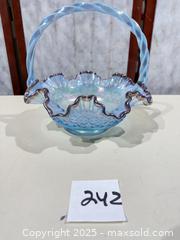 MaxSold Auction: Fenton Ruffles Plum Crest Blue Iridescent Glass Basket - Warwick (Rhode Island, USA) SELLER MANAGED Reseller Online Auction - Warwick Avenue