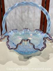 MaxSold Auction: Fenton Ruffles Plum Crest Blue Iridescent Glass Basket - Warwick (Rhode Island, USA) SELLER MANAGED Reseller Online Auction - Warwick Avenue