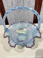 MaxSold Auction: Fenton Ruffles Plum Crest Blue Iridescent Glass Basket - Warwick (Rhode Island, USA) SELLER MANAGED Reseller Online Auction - Warwick Avenue