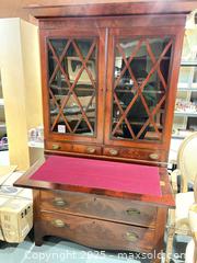 MaxSold Auction: Mahogany Veneer Two-Piece Secretary Bookcase with Glass Doors - Warwick (Rhode Island, USA) SELLER MANAGED Reseller Online Auction - Warwick Avenue