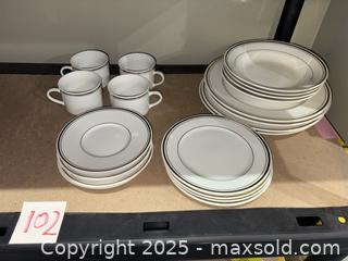 MaxSold Auction: Mixed Porcelain Dinnerware Set — White with Black Band &#38; Gold Rim - Warwick (Rhode Island, USA) SELLER MANAGED Reseller Online Auction - Warwick Avenue