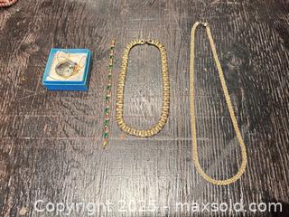 MaxSold Auction: Mixed Gold-Tone Jewelry Lot with Green Stones, Locket &#38; Necklaces - Mississippi Mills (Ontario, Canada) SELLER MANAGED Downsizing Online Auction - Rae Road