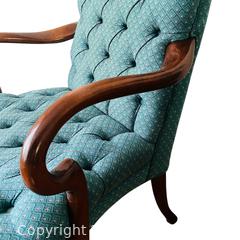 MaxSold Auction: Pair of Queen Anne Style Tufted Armchairs in Blue Upholstery, circa 1950s - Toronto (Ontario, Canada) SELLER MANAGED Estate Sale Online Auction - Benary Crescent