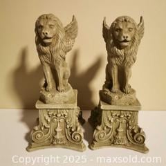 MaxSold Auction: 2 Winged Lions on Pedestals Statues? Bookends? - Grimsby (Ontario, Canada) SELLER MANAGED Reseller Online Auction - Mountview Avenue