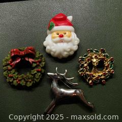 MaxSold Auction: 4 Christmas Brooches Pins Santa Wreath - Grimsby (Ontario, Canada) SELLER MANAGED Reseller Online Auction - Mountview Avenue