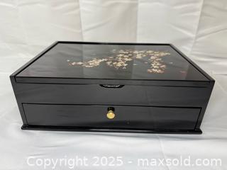 MaxSold Auction: Black lacquerware jewelry box with a cherry blossom design - Menlo Park (California, USA) SELLER MANAGED Downsizing Online Auction - Henderson Place