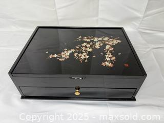 MaxSold Auction: Black lacquerware jewelry box with a cherry blossom design - Menlo Park (California, USA) SELLER MANAGED Downsizing Online Auction - Henderson Place