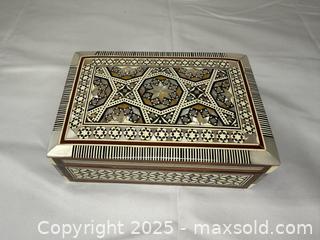 MaxSold Auction: Egyptian mother-of-pearl inlaid wooden jewelry box - Menlo Park (California, USA) SELLER MANAGED Downsizing Online Auction - Henderson Place