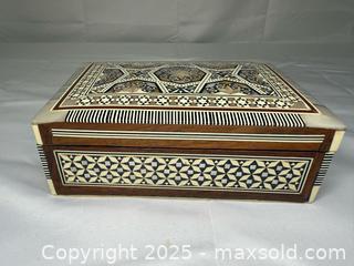 MaxSold Auction: Egyptian mother-of-pearl inlaid wooden jewelry box - Menlo Park (California, USA) SELLER MANAGED Downsizing Online Auction - Henderson Place