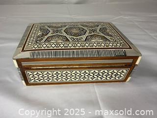 MaxSold Auction: Egyptian mother-of-pearl inlaid wooden jewelry box - Menlo Park (California, USA) SELLER MANAGED Downsizing Online Auction - Henderson Place
