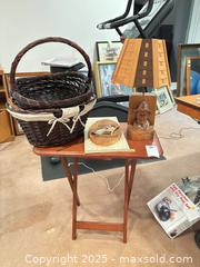 MaxSold Auction: Lot: Carved Wooden Lamp, Woven Baskets &#38; Small Table B - Mississauga (Ontario, Canada) Estate Sale Online Auction - Captain Court