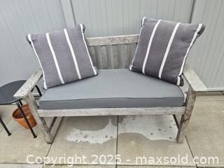 MaxSold Auction: Antique Wood Outdoor Bench, with cushions - Toronto (Ontario, Canada) SELLER MANAGED Moving Online Auction - Dovercourt Road (CONDO)