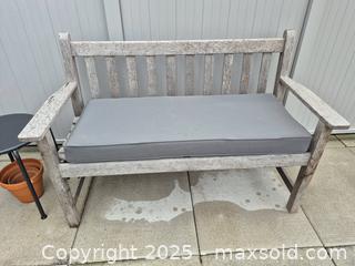 MaxSold Auction: Antique Wood Outdoor Bench, with cushions - Toronto (Ontario, Canada) SELLER MANAGED Moving Online Auction - Dovercourt Road (CONDO)