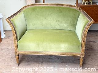 MaxSold Auction: Antique French Louis XV Style Green Upholstered Bergère Loveseat – Carved Wood Frame - Hamilton (Ontario, Canada) SELLER MANAGED Estate Sale Online Auction - Gertrude St.