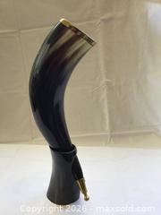 MaxSold Auction: Brass tipped drinking horn with holder - Hamilton (Ontario, Canada) SELLER MANAGED Downsizing Online Auction - St Joseph's Drive (CONDO)