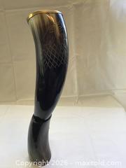 MaxSold Auction: Brass tipped drinking horn with holder - Hamilton (Ontario, Canada) SELLER MANAGED Downsizing Online Auction - St Joseph's Drive (CONDO)